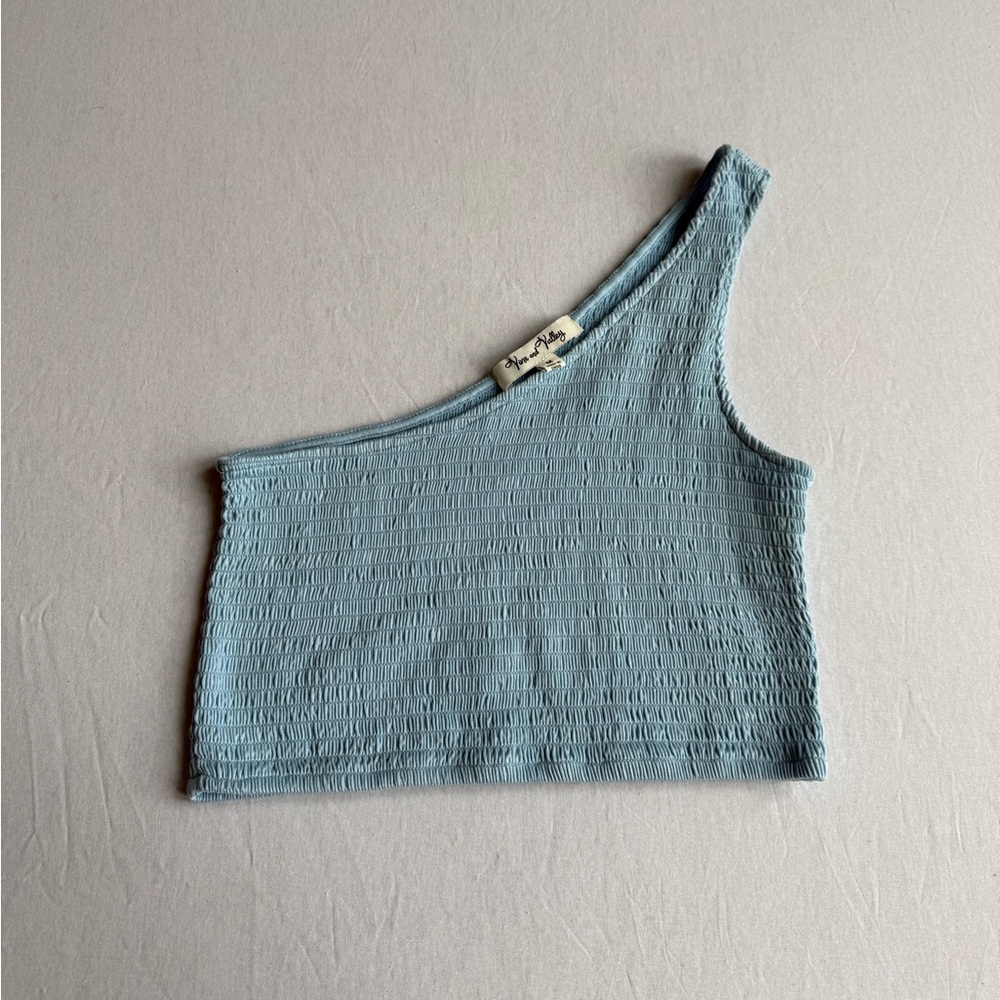 Vine & Valley Ruched Blue One Shoulder Crop Top